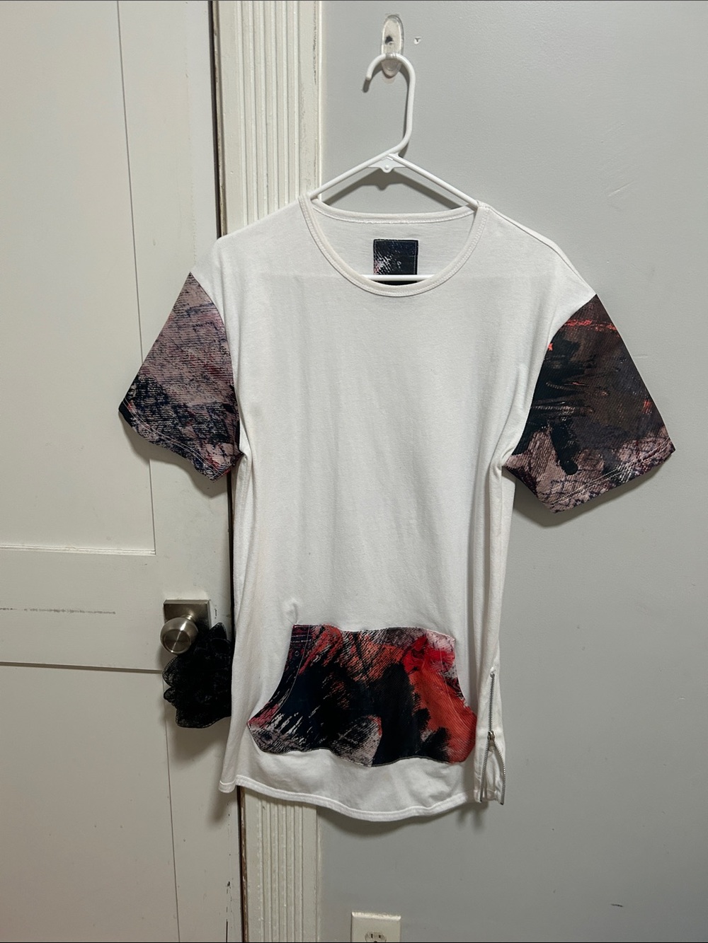 White Tee with Abstract Black & Red Sleeve and Pocket Accents